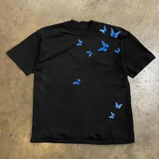 纯棉宽松潮牌情侣上衣 T恤男女夏季 260g重磅美式 复古蝴蝶印花短袖
