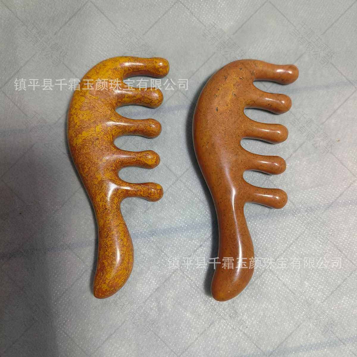 天然砭石六环石五齿按摩梳宽齿疏通头皮头部经络梳男女头疗刮痧板