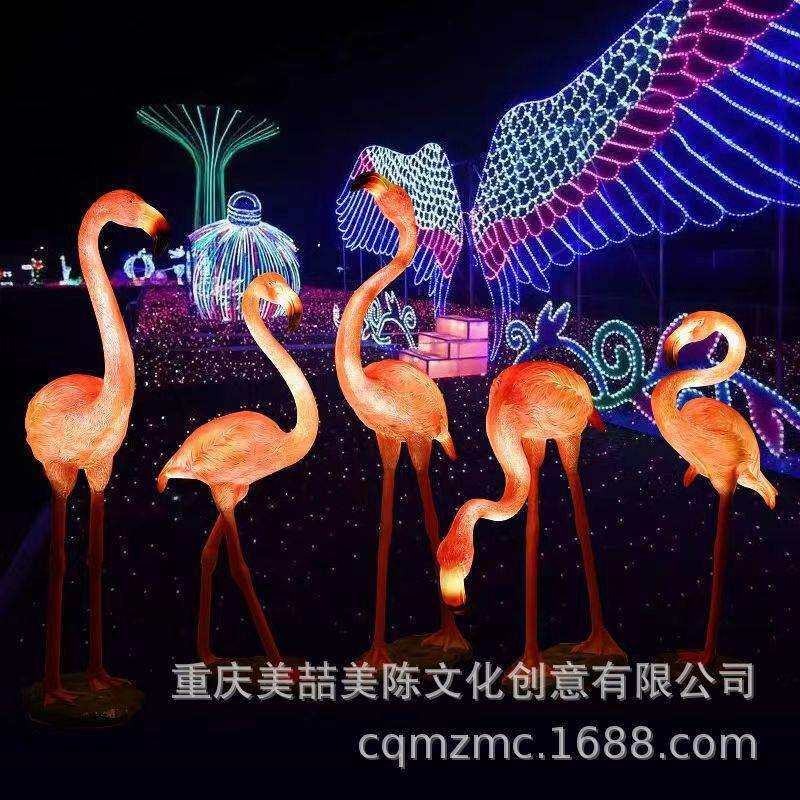 大型户外玻璃钢雕塑定 制景观灯发光仿真火烈鸟造型灯公园草坪灯