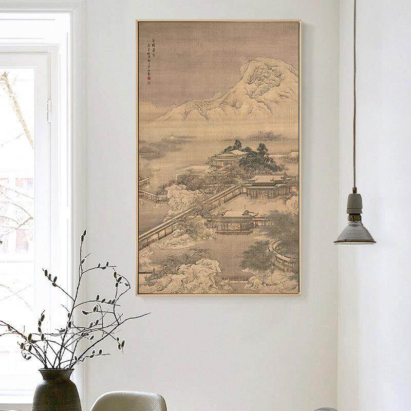 清 袁江 梁园飞雪图新中式传统亭台楼阁山水古画入户玄关茶室版画