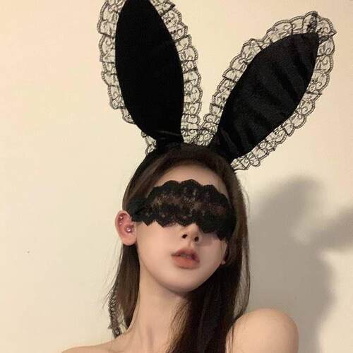 万圣节发箍性感蕾丝黑色眼罩面纱化妆舞会面具黑色兔耳朵蕾丝发箍