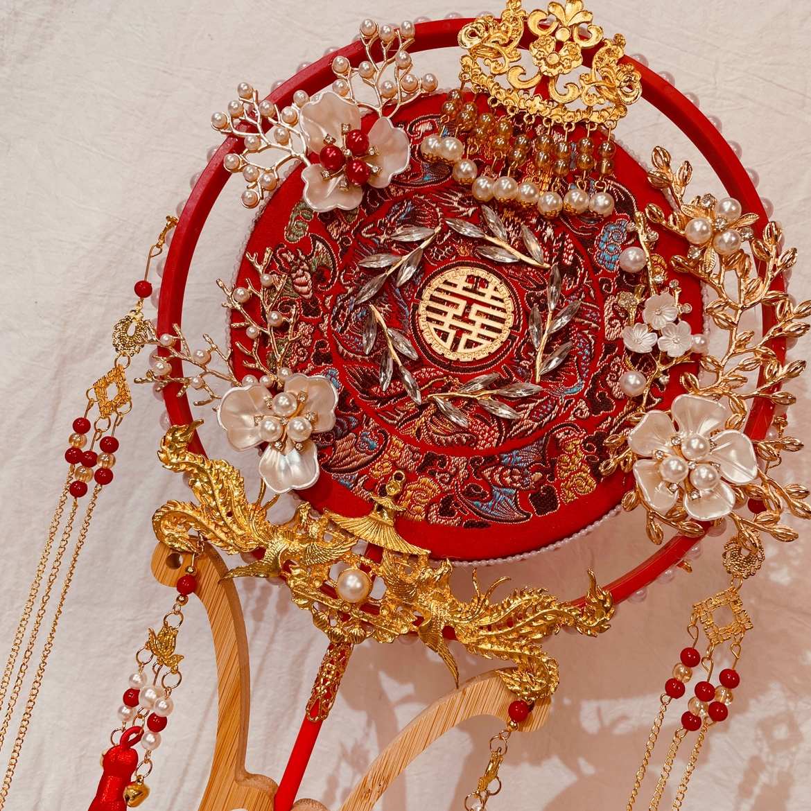 RI0T新娘喜扇团扇喜中式婚礼红色结婚DIY材料包手工刺绣秀禾扇小