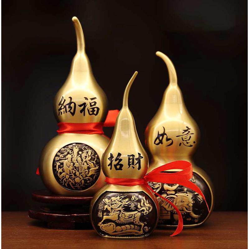 纯黄铜拉丝工艺麒麟百福葫芦摆件书房办公室玄关创意礼品商务送礼
