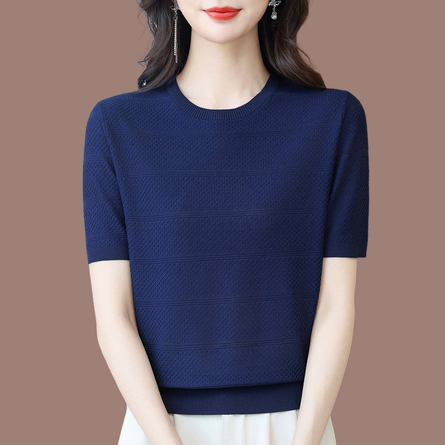 2026夏季桑蚕丝短袖T恤女时尚百搭薄款圆领妈妈装上衣冰丝针织衫