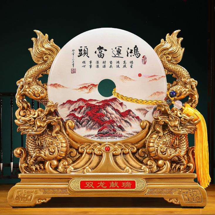 双龙献瑞祥龙献瑞摆件中式沙金色生肖龙平安扣树脂工艺品创意摆件图片