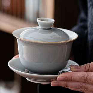 陶瓷功夫茶具家用茶道配件 草木灰三才盖碗品茗茶杯 泡茶壶提梁壶