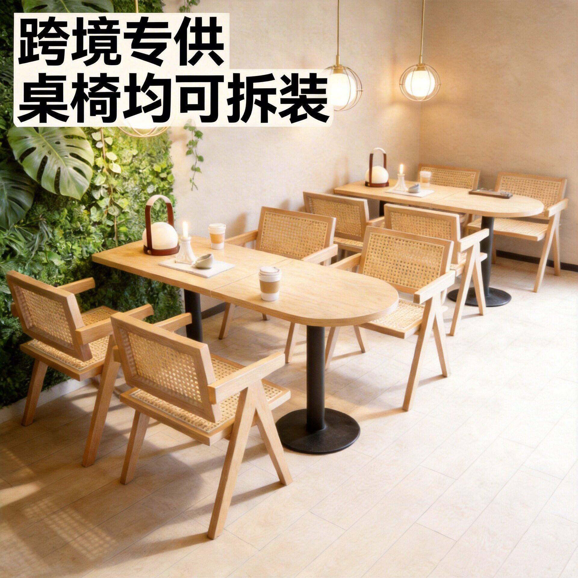 跨境网红咖啡厅桌椅组合日式编藤奶茶甜品店餐馆餐椅子半圆形餐桌