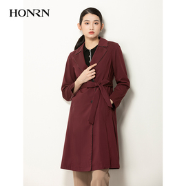 honrn红人秋季气质红色系带，收腰显瘦风衣，外套中长款女hg11of532