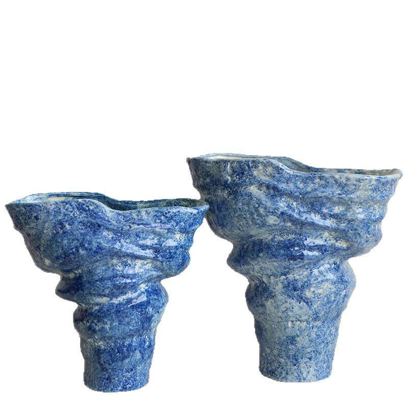 青花色锤纹海螺花器陶瓷花瓶客厅插花新中式玄关装饰台面现代艺术