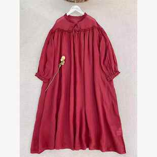 外贸原单尾货清仓捡漏日系文艺木耳边系带套头长袖 苎麻连衣裙红裙
