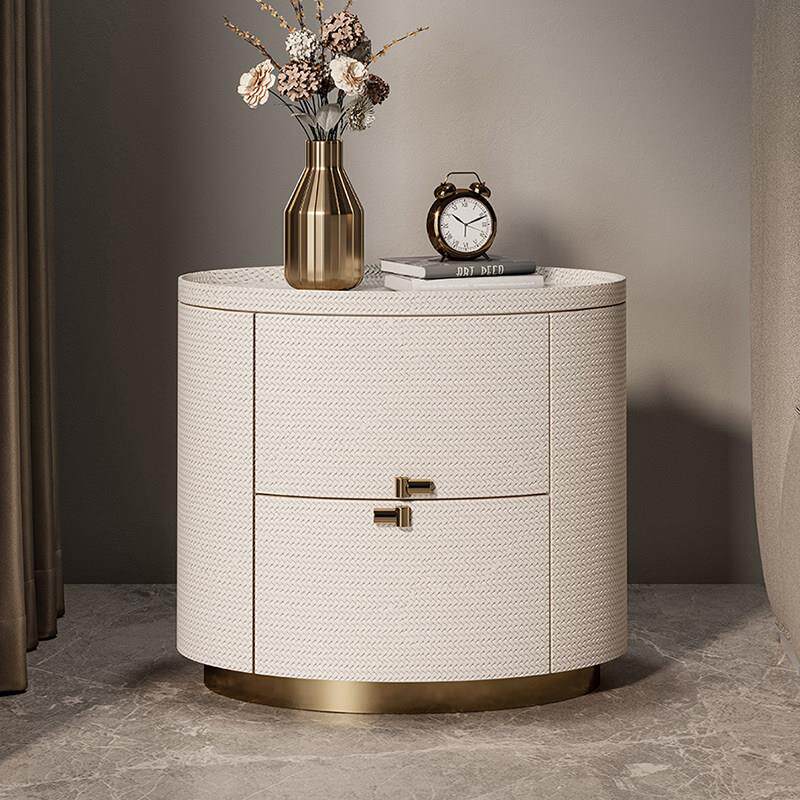 意式高端别墅床头柜轻奢全实木卧室椭圆形编织皮床边收纳柜免安装