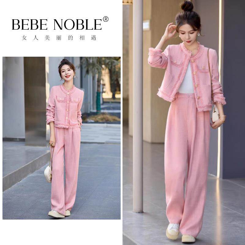 BEBE NOBLE小香风时尚套装女士春秋毛边气质减龄西装阔腿裤两件套