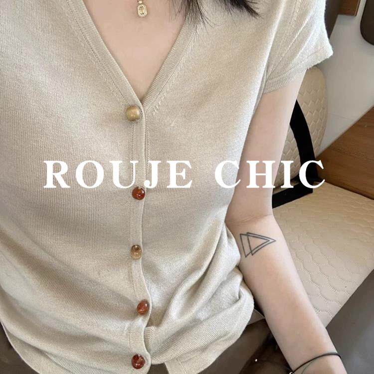 法国rouje chic老钱风彩扣V领短袖针织开衫女夏季松弛短款冰丝T恤