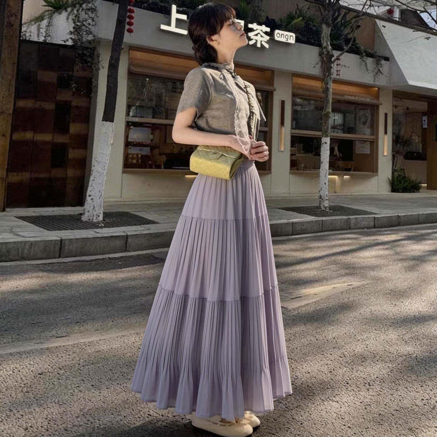 紫色百褶裙半身裙女2026夏季新款精致蛋糕裙高腰A字大摆显瘦长裙