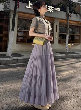 紫色百褶裙半身裙女2026夏季新款精致蛋糕裙高腰A字大摆显瘦长裙
