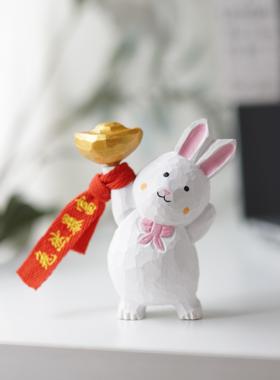 Joe的小作坊/兔然暴富原创小木雕桌面摆件可爱平安纯手工新年礼物