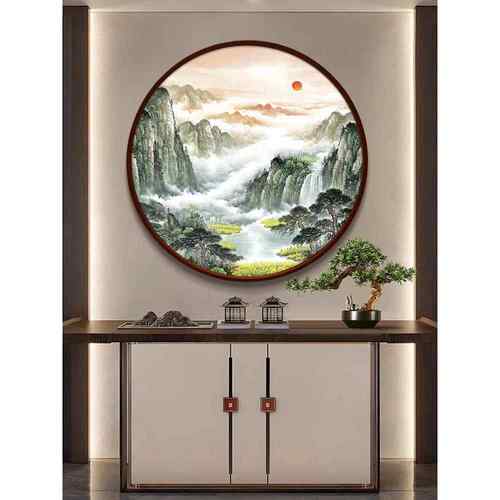 玄关山水画 画旭日东升中式挂画 画客厅办公室圆形装饰画 画书房