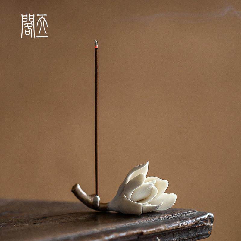 天一阁丨玉兰花陶瓷线香插纯手工手捏花香座摆件茶室香薰茶具配件
