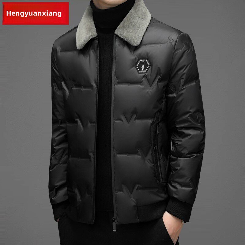 恒远翔羽绒服男装品牌2025秋冬加厚新款皮领中年男士冬季夹克