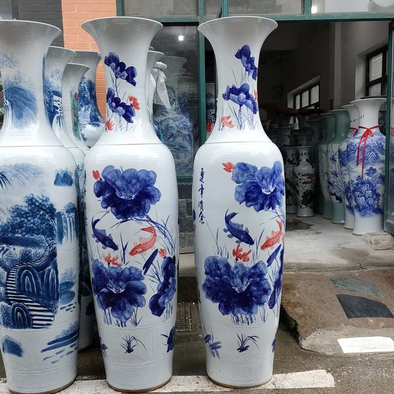 手绘落地大花瓶青花釉下彩荷花连年有余开业庆典商务礼品装饰品
