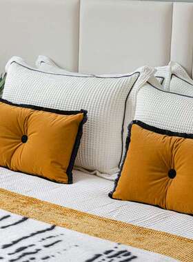 姜现代简约童房样板间床品多儿件套黄色床旗靠垫呢黑白TCM毛床尾