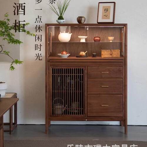 璞木新中式实木酒柜餐边柜客厅边柜沙发储物柜黑胡桃木茶边柜角柜