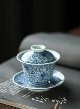 三才盖碗景德镇泡茶手工描手绘80ml晴碗白描茶碗荷花青花先生淡