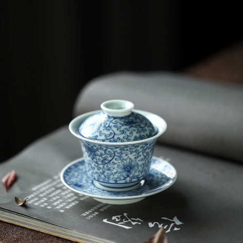 三才盖碗景德镇泡茶手工描手绘80ml晴碗白描茶碗荷花青花先生淡