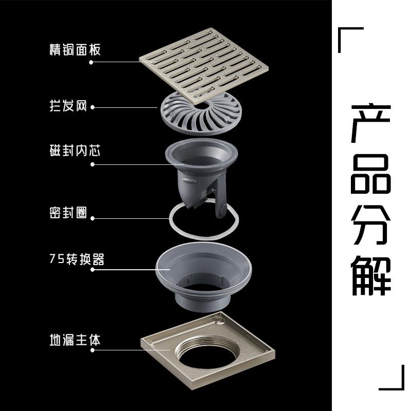 长方地漏加防臭12X12cm卫生形间淋房浴室专用12X12条加重厚地浴漏