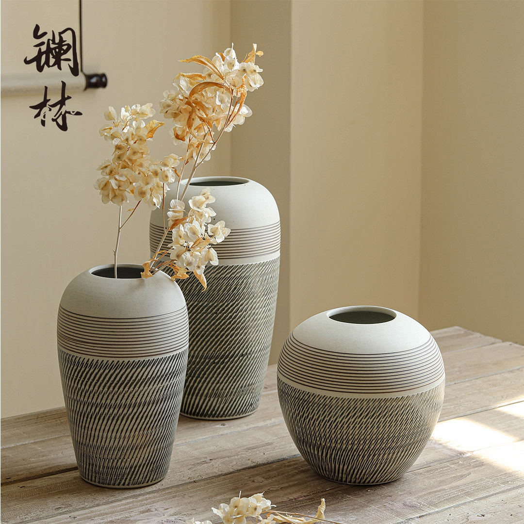 精品现代简约桌面陶瓷花瓶客厅复古文艺小清新粗陶摆件插干花花花