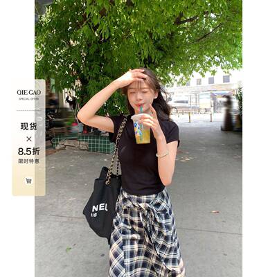 切糕自制小个子夏季针织衫上衣女新款绑带圆领独特韩版短袖T恤