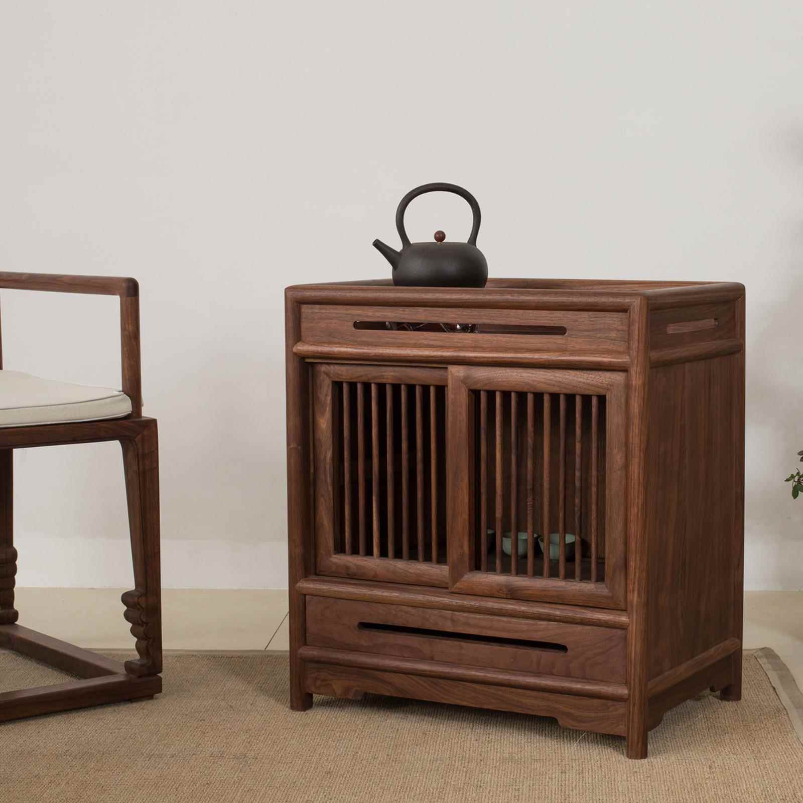 新中式老榆木茶水柜实木免漆餐边柜储物矮柜台黑胡桃茶楼茶室边柜