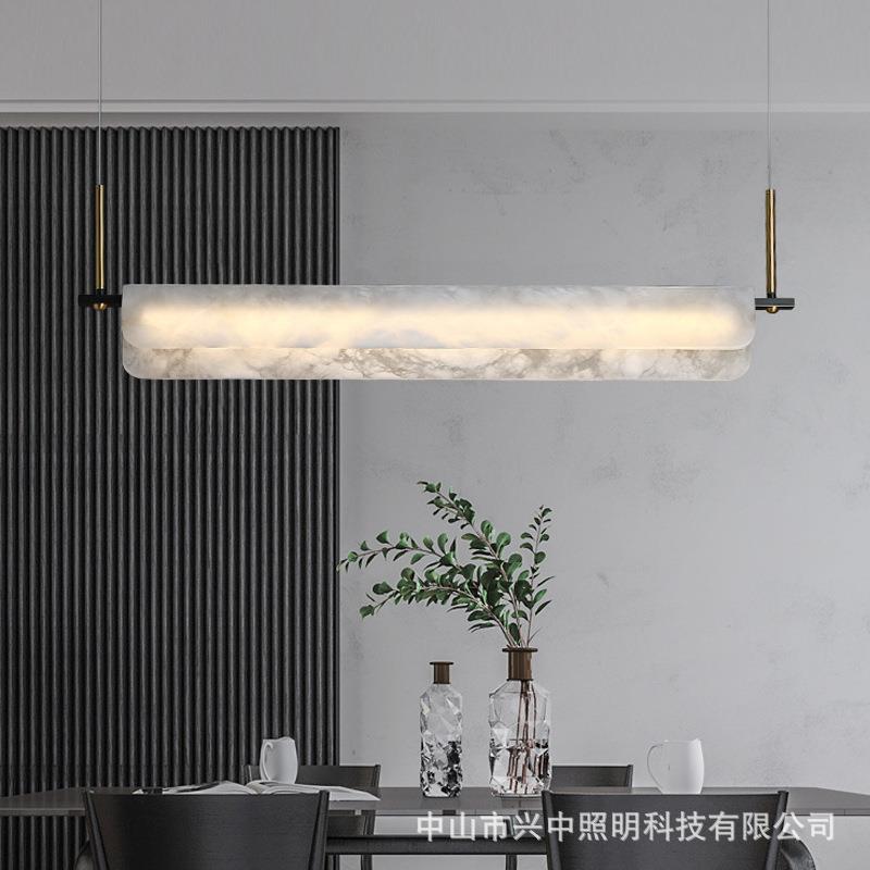 北欧全铜云石吊灯极简一字长条灯后现代简约餐厅书房吧台岛台灯具