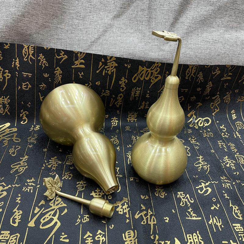 铜葫芦黄铜拉丝葫芦摆件光面开口带叶纯铜葫芦家居桌面工艺品摆件