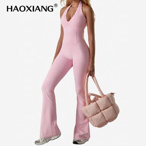 Backless Halter Jumpsuit Soft Stretch Fabric MoistureWicking