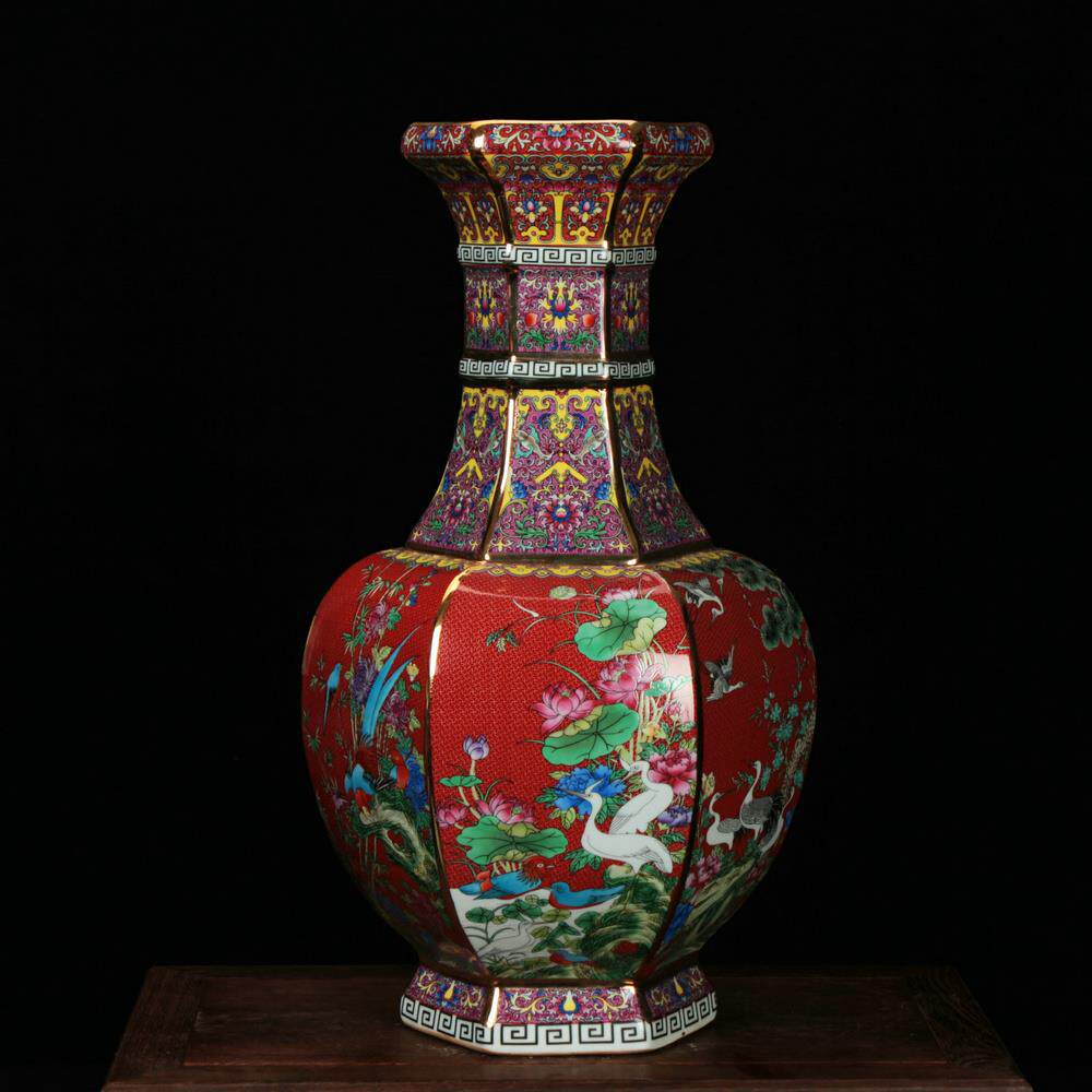 高档景德镇花瓶陶瓷器 仿古本金珐摆琅彩花粉彩六面鸟收工藏艺件