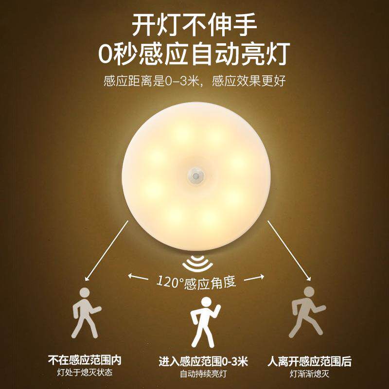 圆形磁吸人体感应灯USB充电式无线智能起夜灯免打孔衣橱柜小夜灯