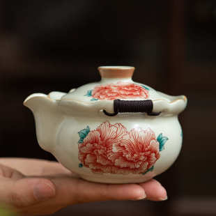 几欢汝窑牡丹花手抓壶防烫陶瓷家用茶壶功夫茶具大号高档泡茶单壶