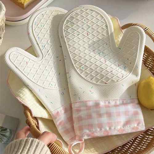 可爱粉格子微波炉手套隔热防滑厨房烘焙家用矽胶烤箱手套防烫加厚