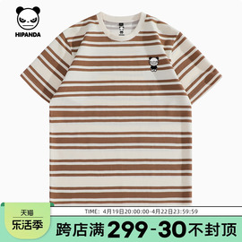 Hipanda你好熊猫设计师款经典熊猫条纹T恤2024男情侣宽松潮牌体恤