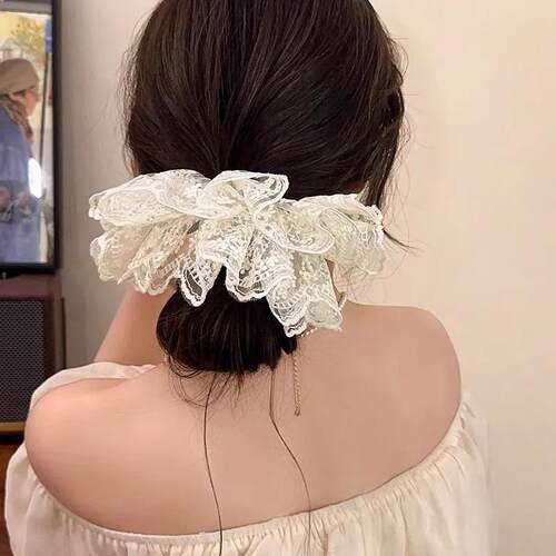 Double-layer lace hair scrunchie, French-style white large g