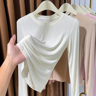 小圆领弹皮肤衣内搭修身 女新款 上衣0325z 打底衫 春夏白色薄款
