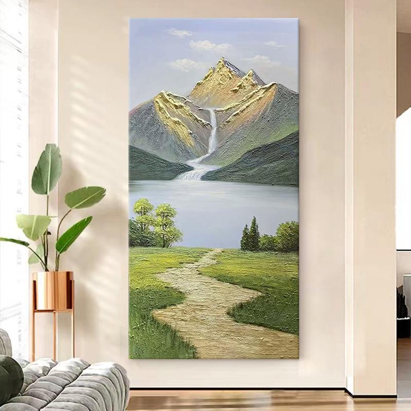 高山流水肌理画玄关聚宝盆风景纯手绘油画客厅抽象装饰画湖泊挂画