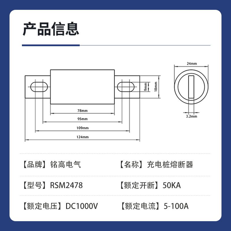 DC1000V充电桩熔断器RSM2478汽车熔断器(RS309,FWH100A,HEV)100A