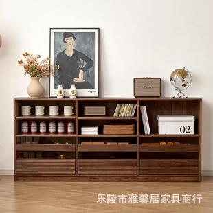 北美黑胡桃木边柜北欧樱桃木全实木落地矮书柜复古客厅格子收X20