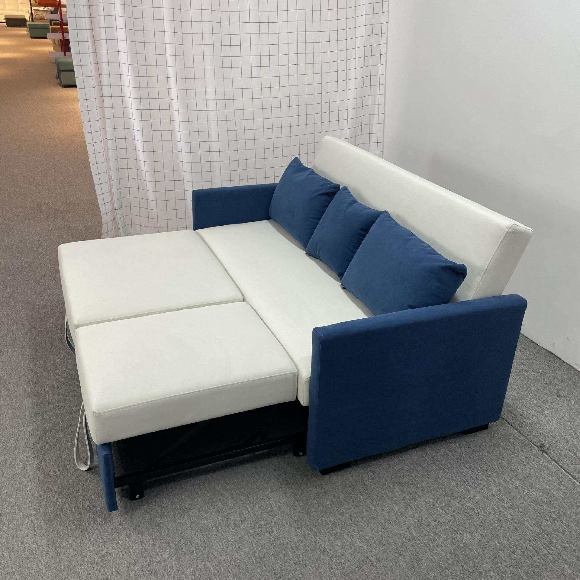 简约米白+蓝色拼色折叠沙发小户型客厅卧室坐卧两用多功能沙发床