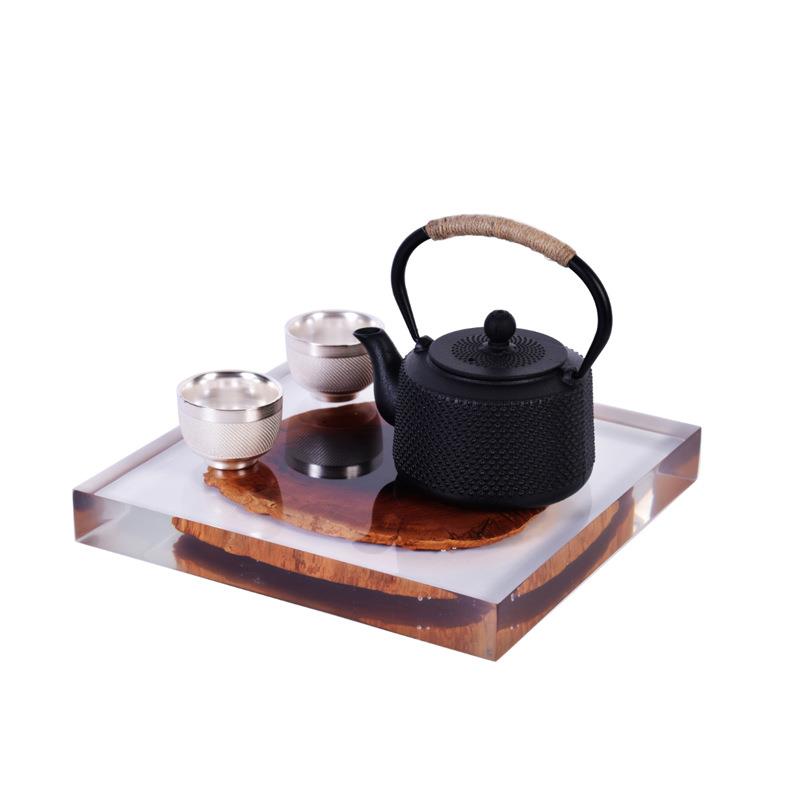 现代中式创意亚克力实木方盘轻奢茶具搭配装饰品样板房售楼部摆件