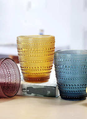 彩色浮雕玻璃杯家用复古绿色凉水杯套装圆点杯果汁杯复古酒店杯子