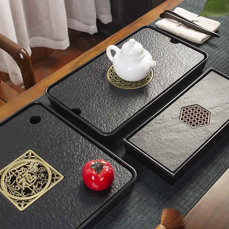 乌金石茶盘家用简易圆形日式小型陶瓷储水式排水干泡茶台茶海托盘