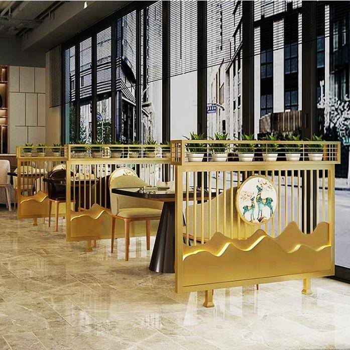 餐厅卡座矮隔断铁艺绿植栅栏饭店屏风餐饮火锅烧烤店酒吧带灯隔断